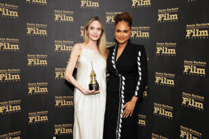 SANTA BARBARA, CALIFORNIA - FEBRUARY 05: Honoree Angelina Jolie and Ava DuVernay pose with the Maltin Modern Master Award during the 40th Santa Barbara International Film Festival at on February 05, 2025 in Santa Barbara, California. (Photo by Rebecca Sapp/Getty Images for Santa Barbara International Film Festival)