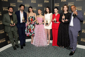 SANTA BARBARA, CALIFORNIA - FEBRUARY 09: (L-R) Honorees John Magaro, Sebastian Stan, Monica Barbaro, Ariana Grande, Selena Gomez, Mikey Madison, Fernanda Torres, and Clarence Maclin pose with thei Virtuosos Awards during the 40th Santa Barbara International Film Festival at The Arlington Theatre on February 09, 2025 in Santa Barbara, California. (Photo by Rebecca Sapp/Getty Images for Santa Barbara International Film Festival)